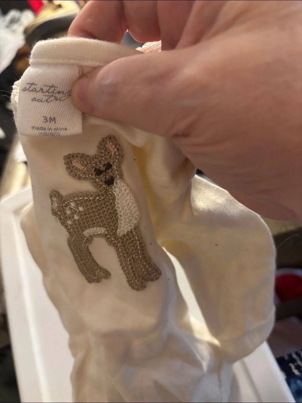 Starting Out Cream Long-Sleeve Bodysuit with Deer Appliqué 3 months